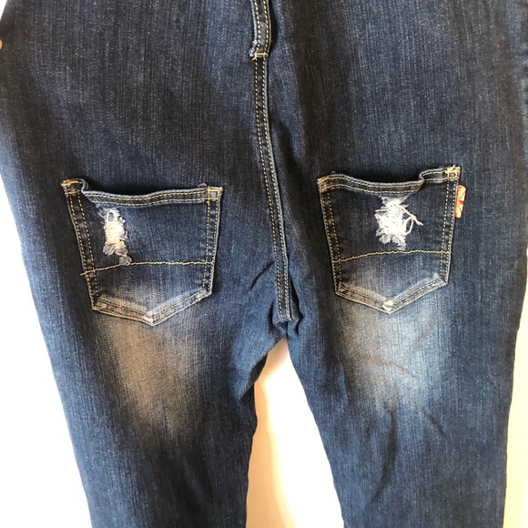 ❤️Machine Nouvelle Mode Italian Distressed Denim Overalls Dark Wash Size M 28 - Picture 6 of 10